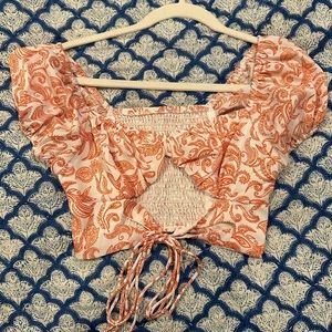 shein orange puff sleeve tie crop top